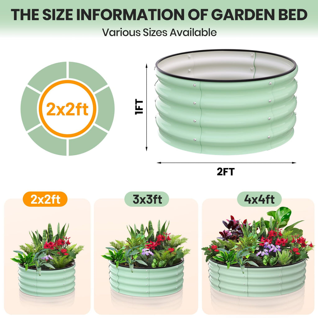 Raised Garden Beds Outdoor, 2 Pack 2x2x1 FT Galvanized Raised Garden Bed, Round Metal Planter Box for Planting Plants Vegetables and Flower, Green