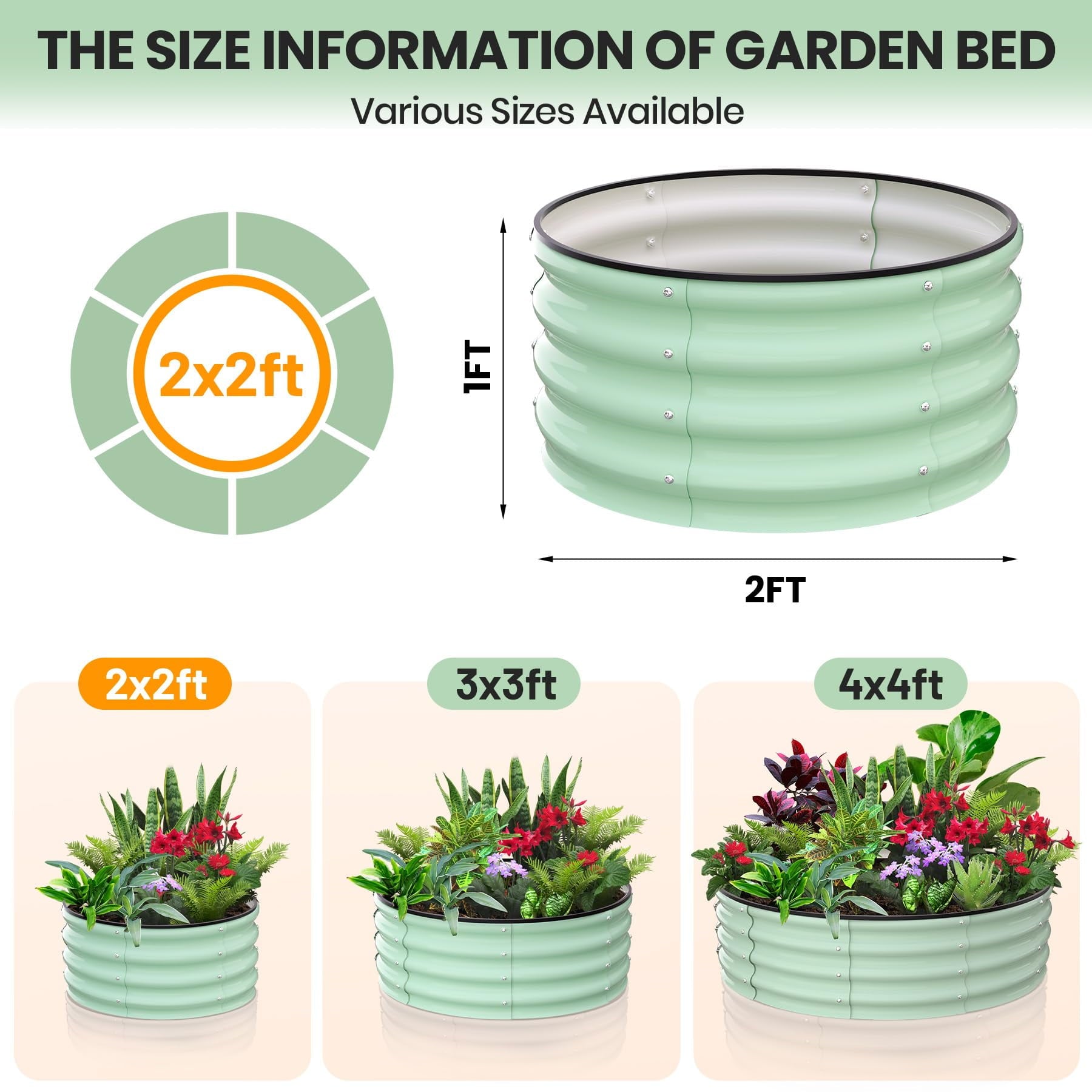 Raised Garden Beds Outdoor, 2 Pack 2x2x1 FT Galvanized Raised Garden Bed, Round Metal Planter Box for Planting Plants Vegetables and Flower, Green