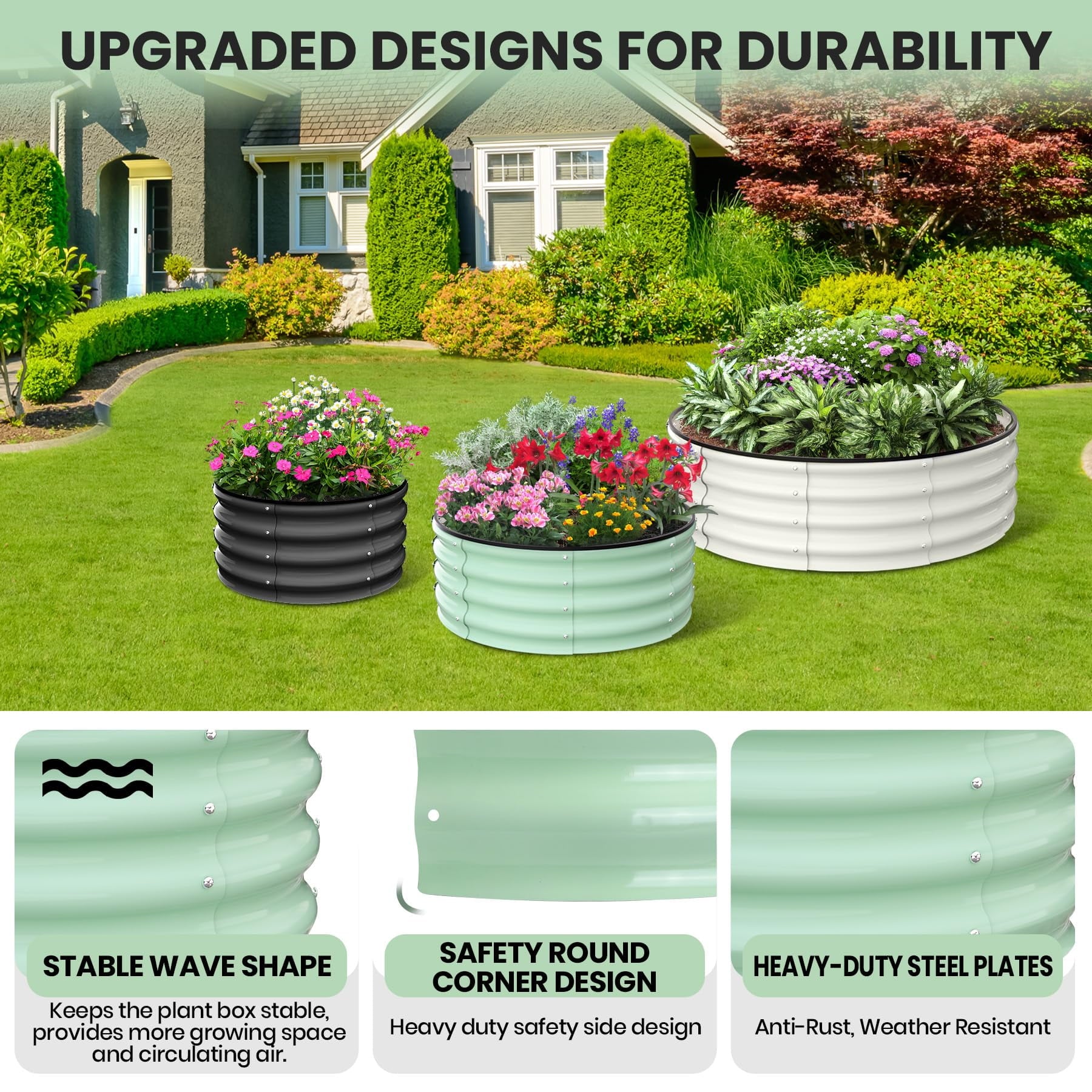 Raised Garden Beds Outdoor, 2 Pack 2x2x1 FT Galvanized Raised Garden Bed, Round Metal Planter Box for Planting Plants Vegetables and Flower, Green