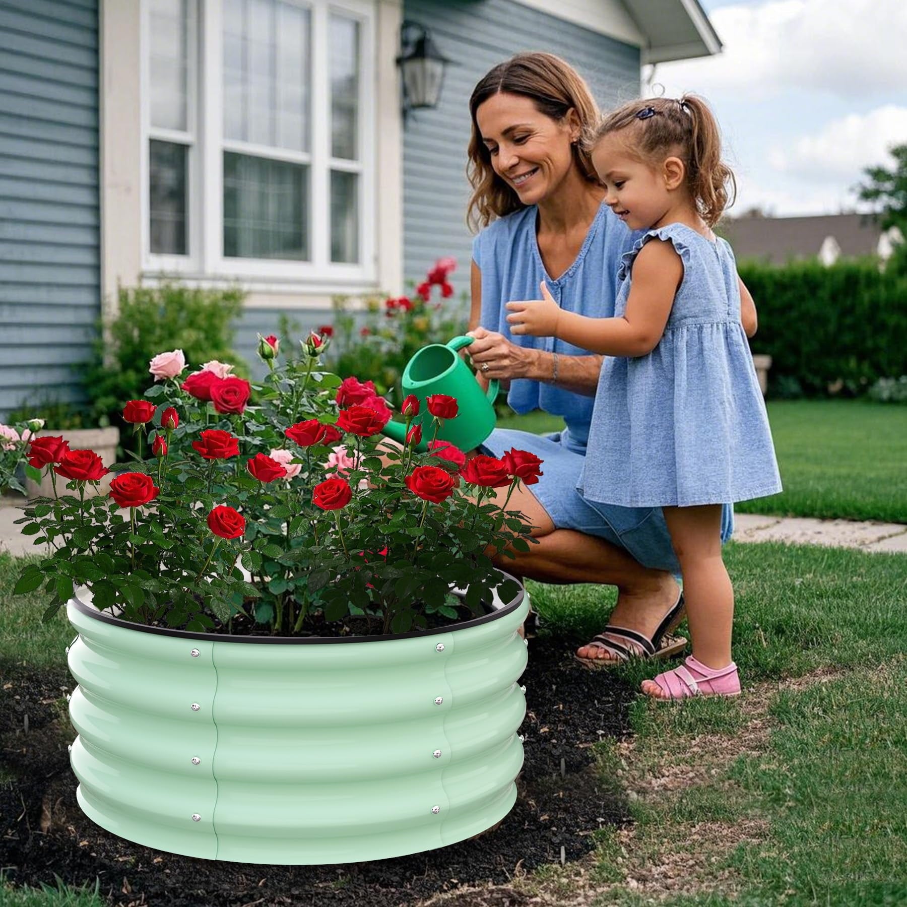 Raised Garden Beds Outdoor, 2 Pack 2x2x1 FT Galvanized Raised Garden Bed, Round Metal Planter Box for Planting Plants Vegetables and Flower, Green