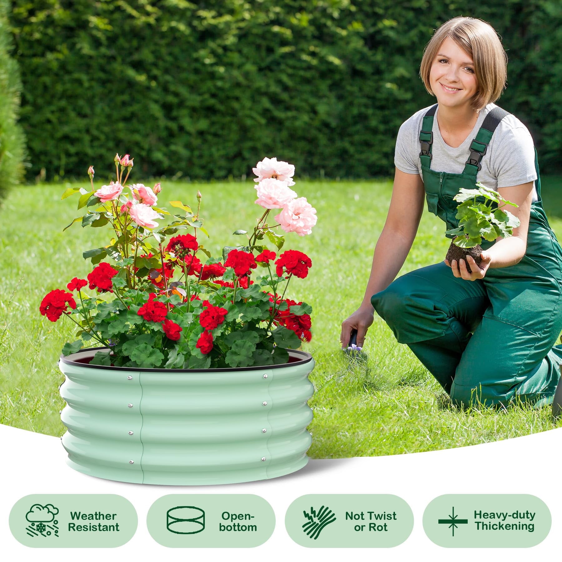 Raised Garden Beds Outdoor, 2 Pack 2x2x1 FT Galvanized Raised Garden Bed, Round Metal Planter Box for Planting Plants Vegetables and Flower, Green