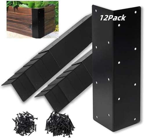 12 Pcs Raised Garden Bed Corner Brackets for 12''-24'' Flower Vegetable Furniture Planter Wood Garden Bed Box, 11 x 3 x 3 Black Metal Corner Brackets Decorative with Screws$$Garden &amp; Patio