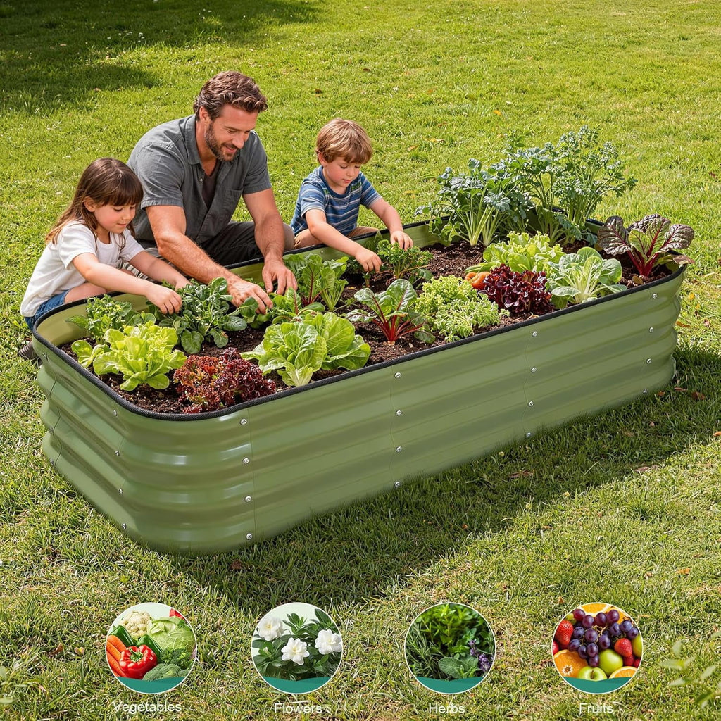 3 in 1 Galvanized Raised Garden Bed - 4x2x1ft Modular Garden Planter Bed Outdoor | Steel Raised Bed Kit with Bracing Rods, Gloves for Gardening Vegetables Fruits and Flowers (Green)