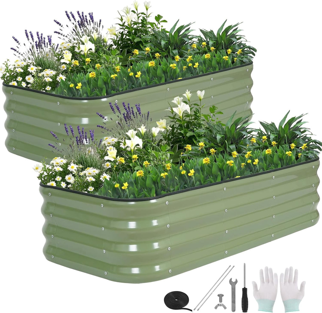3 in 1 Galvanized Raised Garden Bed - 4x2x1ft Modular Garden Planter Bed Outdoor | Steel Raised Bed Kit with Bracing Rods, Gloves for Gardening Vegetables Fruits and Flowers (Green)