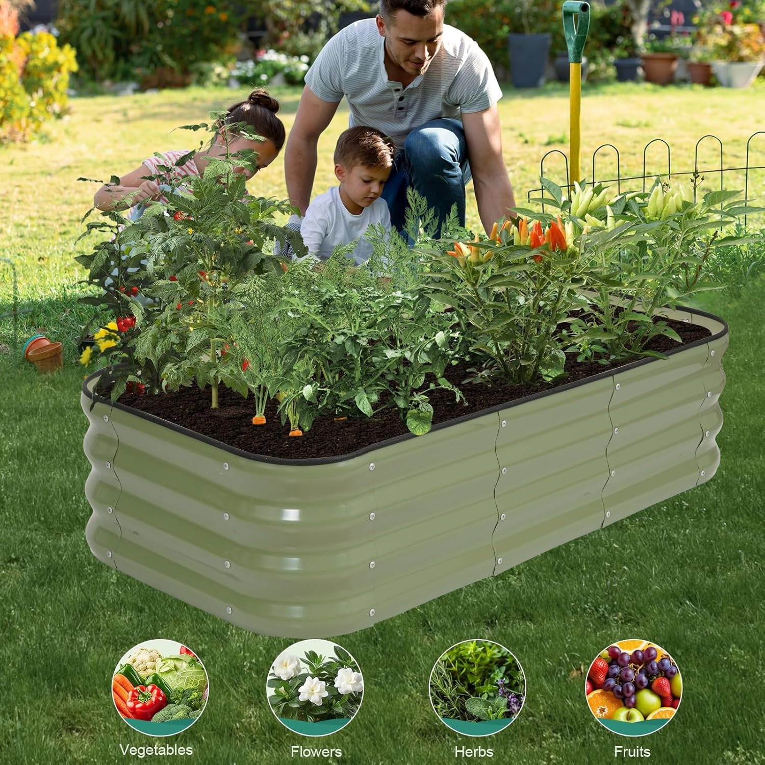 3 in 1 Galvanized Raised Garden Bed - 4x2x1ft Modular Garden Planter Bed Outdoor | Steel Raised Bed Kit with Bracing Rods, Gloves for Gardening Vegetables Fruits and Flowers (Green)