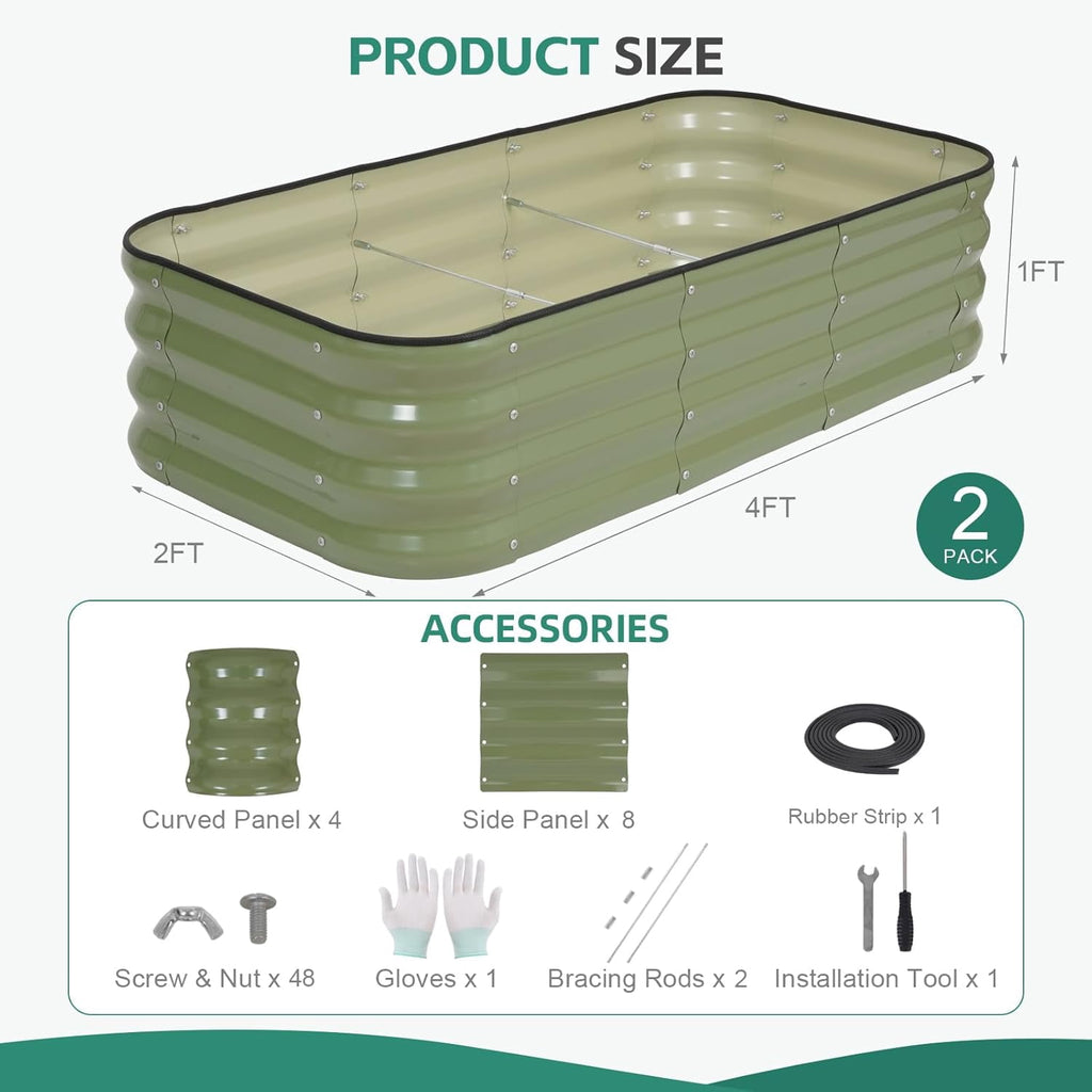 3 in 1 Galvanized Raised Garden Bed - 4x2x1ft Modular Garden Planter Bed Outdoor | Steel Raised Bed Kit with Bracing Rods, Gloves for Gardening Vegetables Fruits and Flowers (Green)