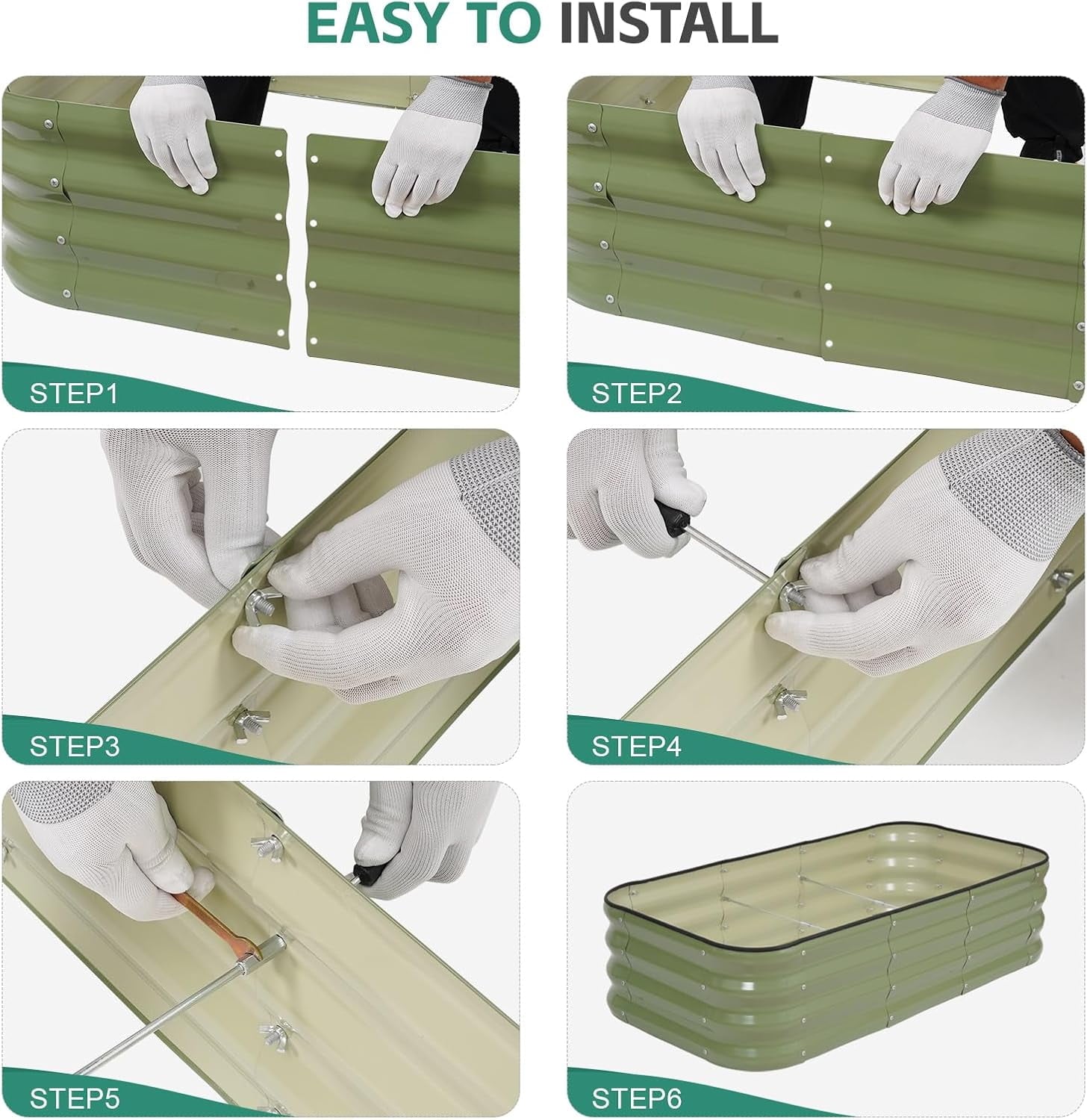 3 in 1 Galvanized Raised Garden Bed - 4x2x1ft Modular Garden Planter Bed Outdoor | Steel Raised Bed Kit with Bracing Rods, Gloves for Gardening Vegetables Fruits and Flowers (Green)