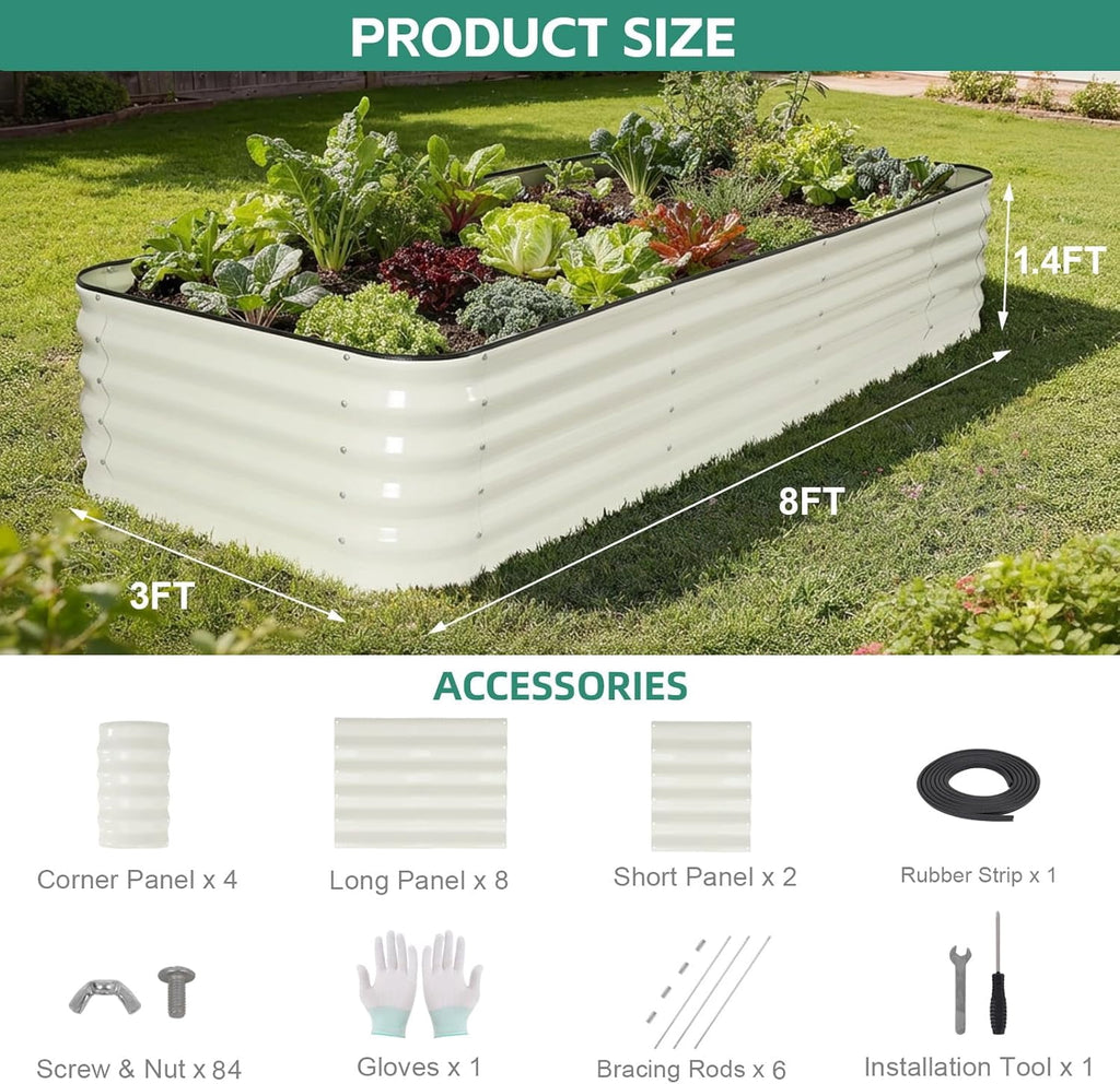 3 in 1 Galvanized Raised Garden Bed - 4x2x1ft Modular Garden Planter Bed Outdoor | Steel Raised Bed Kit with Bracing Rods, Gloves for Gardening Vegetables Fruits and Flowers (Green)