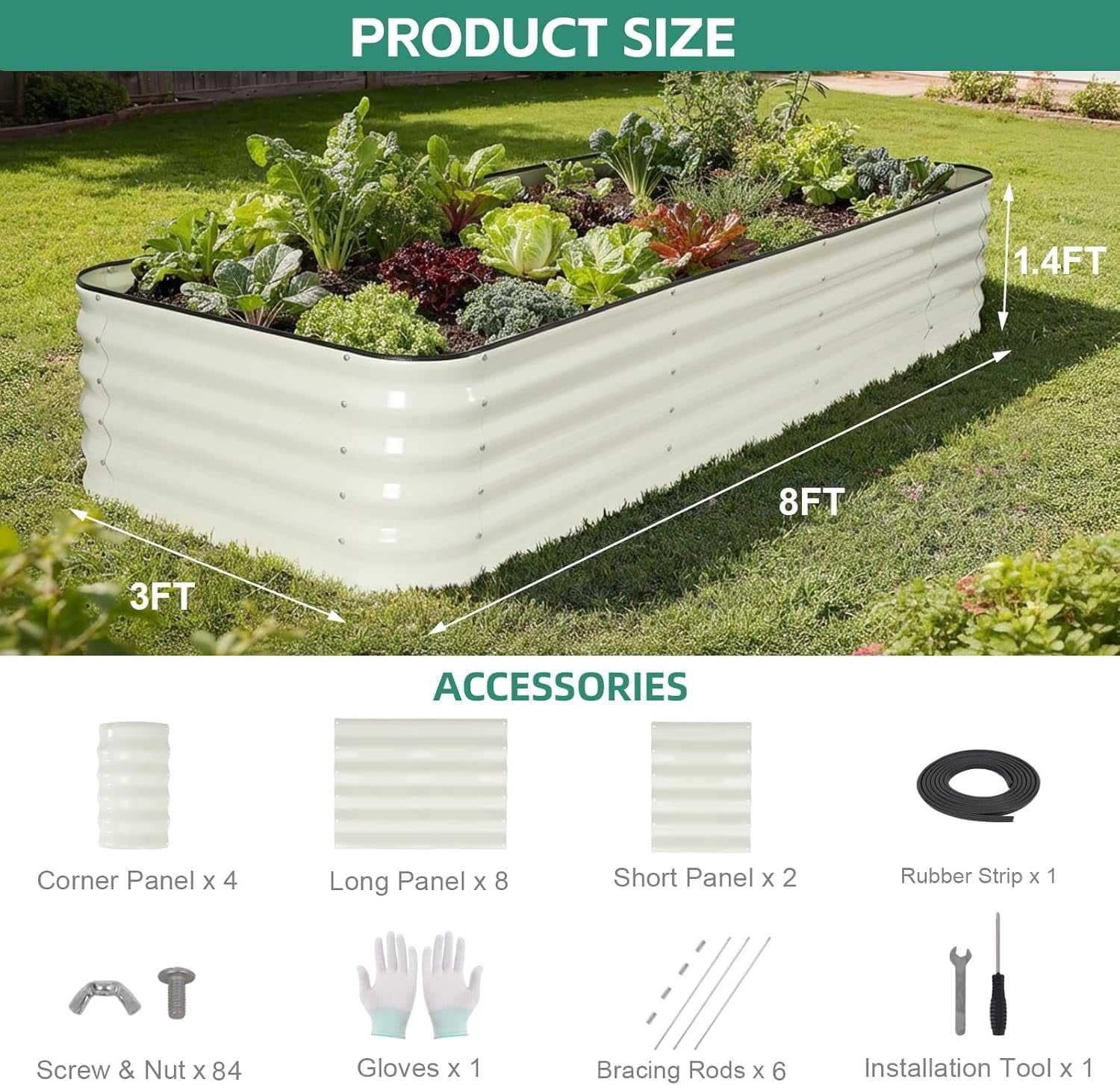3 in 1 Galvanized Raised Garden Bed - 4x2x1ft Modular Garden Planter Bed Outdoor | Steel Raised Bed Kit with Bracing Rods, Gloves for Gardening Vegetables Fruits and Flowers (Green)