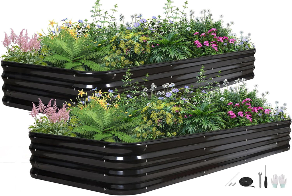 3 in 1 Galvanized Raised Garden Bed - 4x2x1ft Modular Garden Planter Bed Outdoor | Steel Raised Bed Kit with Bracing Rods, Gloves for Gardening Vegetables Fruits and Flowers (Green)