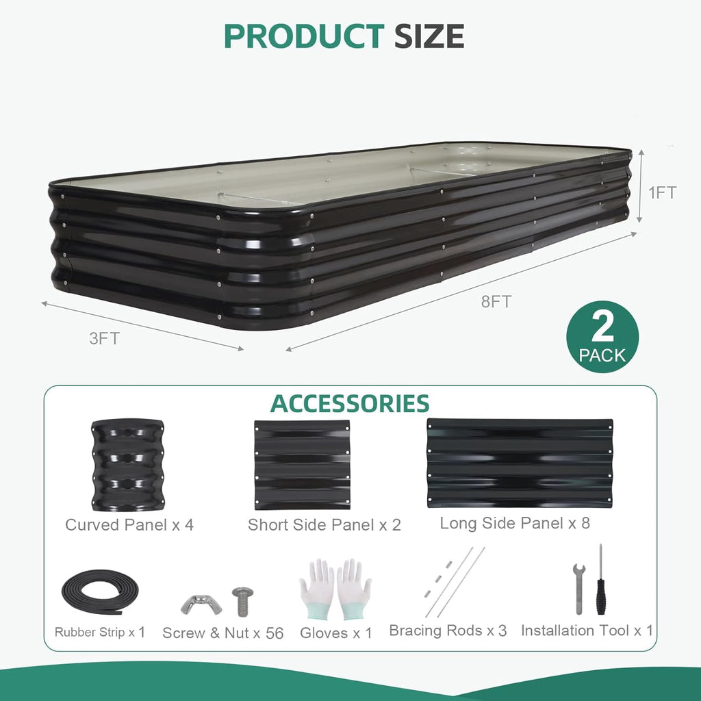 3 in 1 Galvanized Raised Garden Bed - 4x2x1ft Modular Garden Planter Bed Outdoor | Steel Raised Bed Kit with Bracing Rods, Gloves for Gardening Vegetables Fruits and Flowers (Green)
