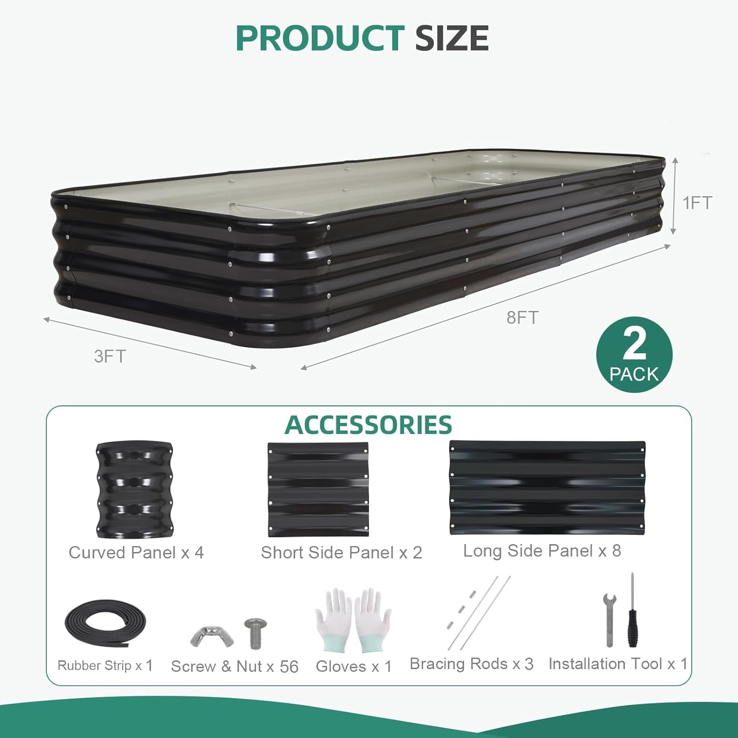 3 in 1 Galvanized Raised Garden Bed - 4x2x1ft Modular Garden Planter Bed Outdoor | Steel Raised Bed Kit with Bracing Rods, Gloves for Gardening Vegetables Fruits and Flowers (Green)
