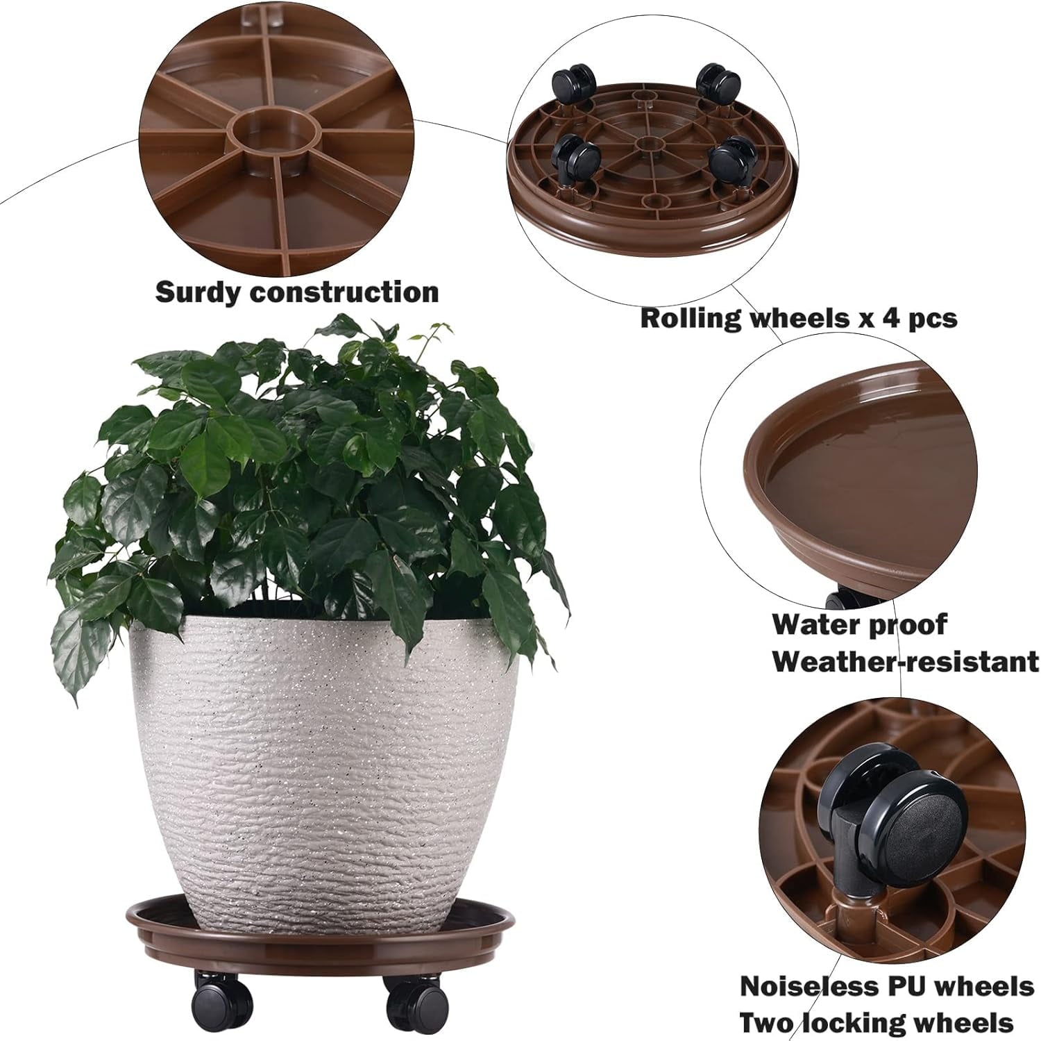 AP8 Packs Large Plant Caddy with PU Wheels 12” Rolling Plant Stands Heavy-duty Plastic Plant Roller Base Pot Movers Plant Saucer on Wheels Indoor Outdoor Plant Dolly with Casters Planter Tray Coaster