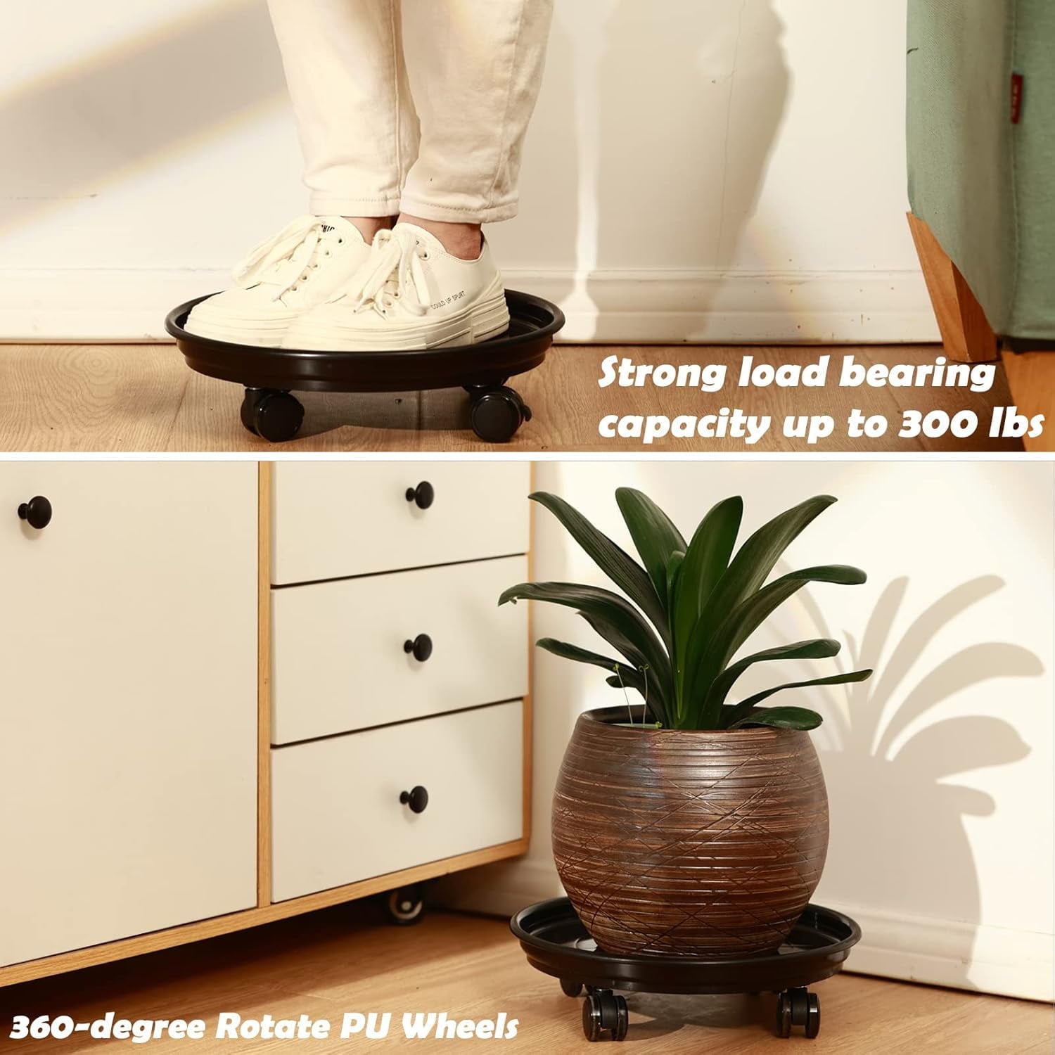 AP8 Packs Large Plant Caddy with PU Wheels 12” Rolling Plant Stands Heavy-duty Plastic Plant Roller Base Pot Movers Plant Saucer on Wheels Indoor Outdoor Plant Dolly with Casters Planter Tray Coaster