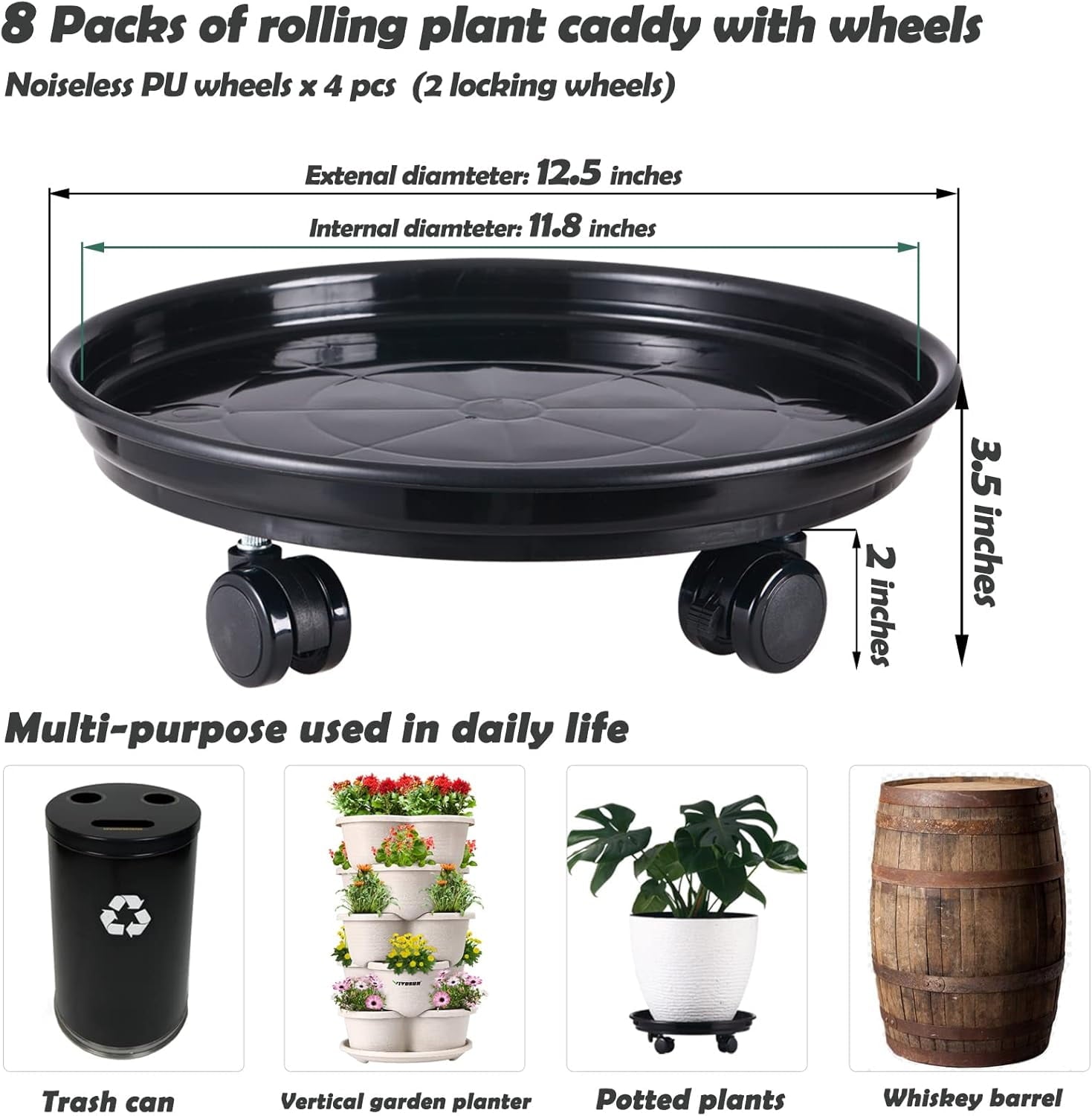 AP8 Packs Large Plant Caddy with PU Wheels 12” Rolling Plant Stands Heavy-duty Plastic Plant Roller Base Pot Movers Plant Saucer on Wheels Indoor Outdoor Plant Dolly with Casters Planter Tray Coaster
