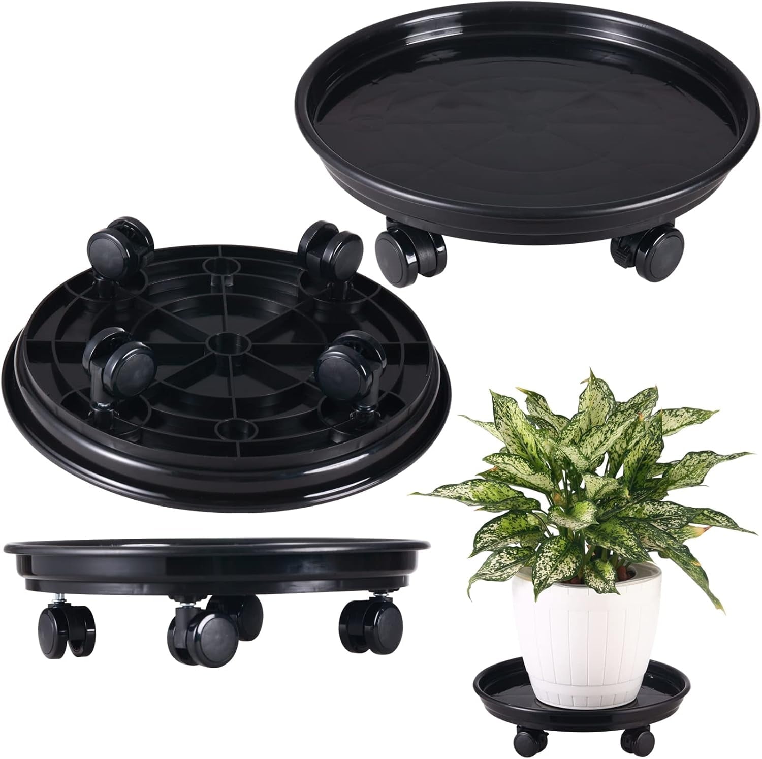 AP8 Packs Large Plant Caddy with PU Wheels 12” Rolling Plant Stands Heavy-duty Plastic Plant Roller Base Pot Movers Plant Saucer on Wheels Indoor Outdoor Plant Dolly with Casters Planter Tray Coaster