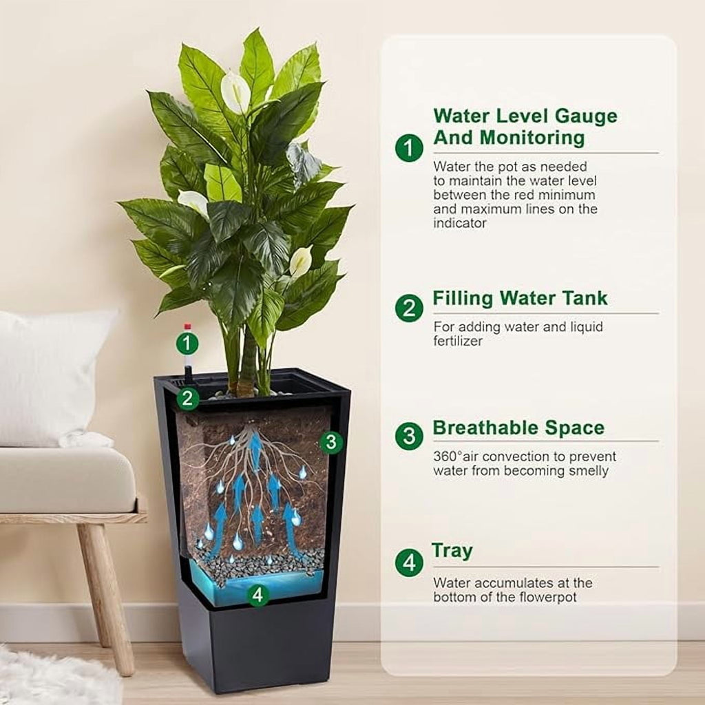 22" Tall Planter Set of 2,Heavy Duty Tall Planter,High Front Porch Planter Pots with Drainage Holes＆Water Level Monitor＆Inner Bucket, Automatic Watering,Indoor/Outdoor,Black
