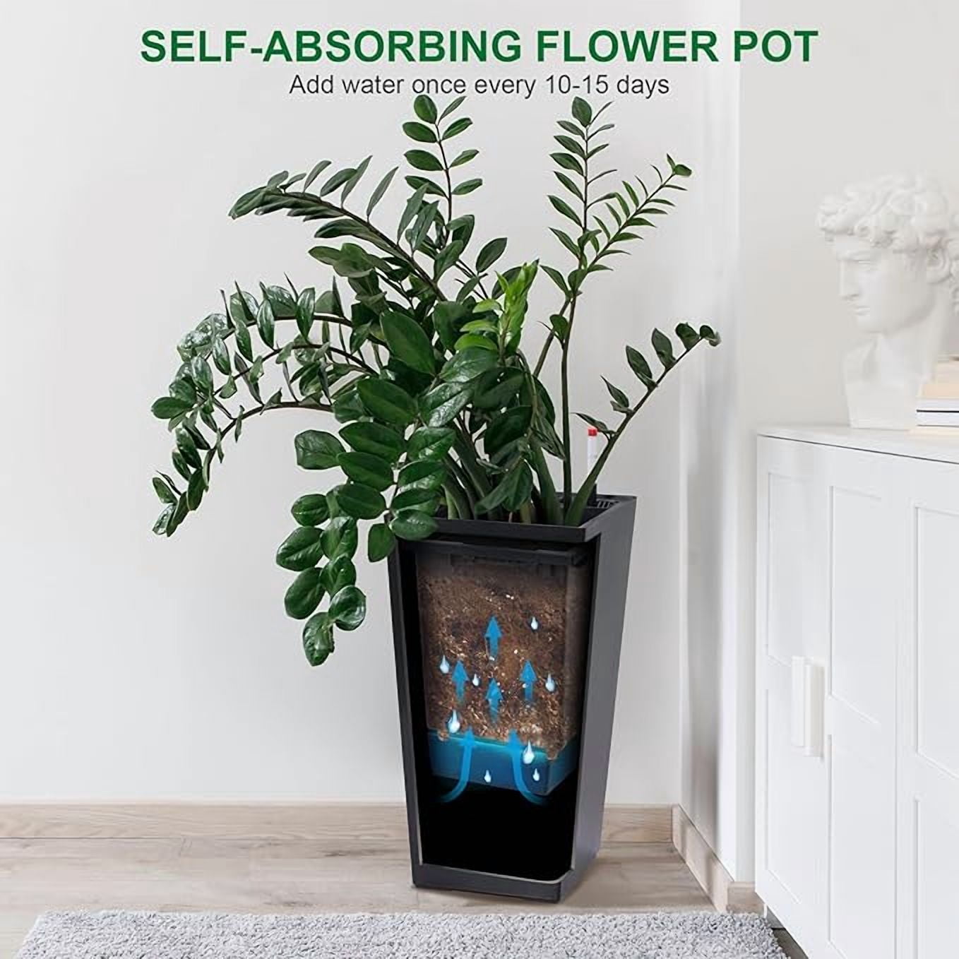 22" Tall Planter Set of 2,Heavy Duty Tall Planter,High Front Porch Planter Pots with Drainage Holes＆Water Level Monitor＆Inner Bucket, Automatic Watering,Indoor/Outdoor,Black