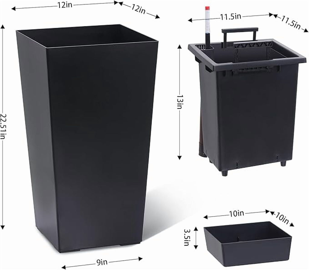 22" Tall Planter Set of 2,Heavy Duty Tall Planter,High Front Porch Planter Pots with Drainage Holes＆Water Level Monitor＆Inner Bucket, Automatic Watering,Indoor/Outdoor,Black