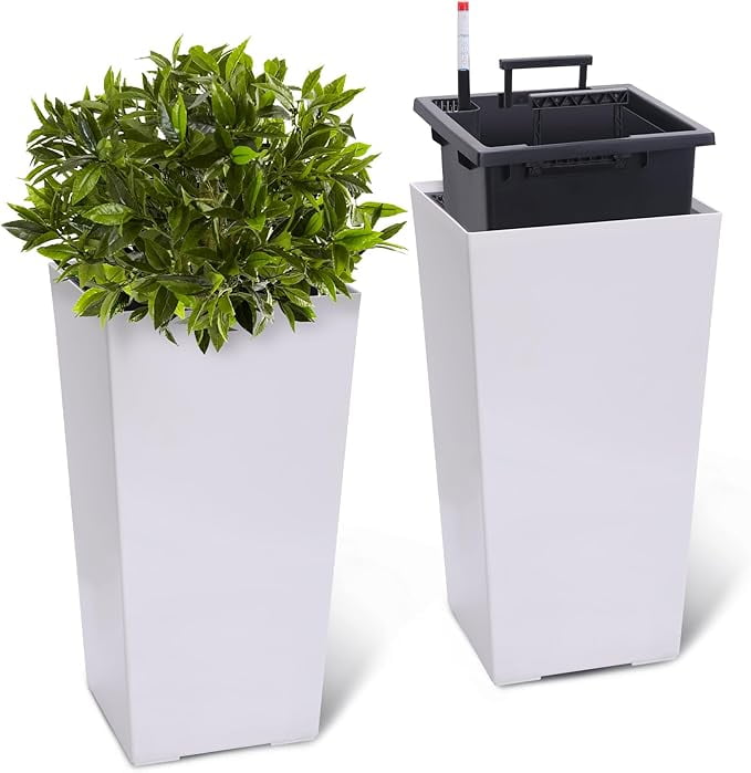 22" Tall Planter Set of 2,Heavy Duty Tall Planter,High Front Porch Planter Pots with Drainage Holes＆Water Level Monitor＆Inner Bucket, Automatic Watering,Indoor/Outdoor,Black