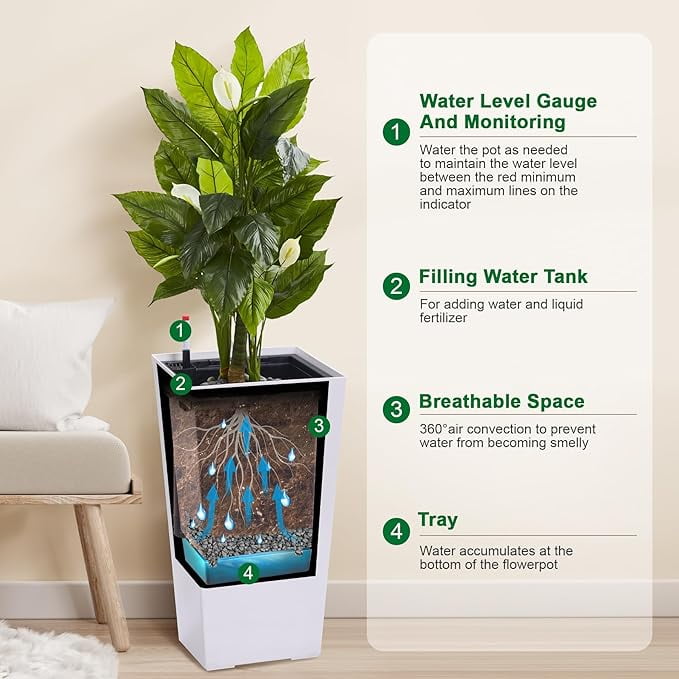 22" Tall Planter Set of 2,Heavy Duty Tall Planter,High Front Porch Planter Pots with Drainage Holes＆Water Level Monitor＆Inner Bucket, Automatic Watering,Indoor/Outdoor,Black