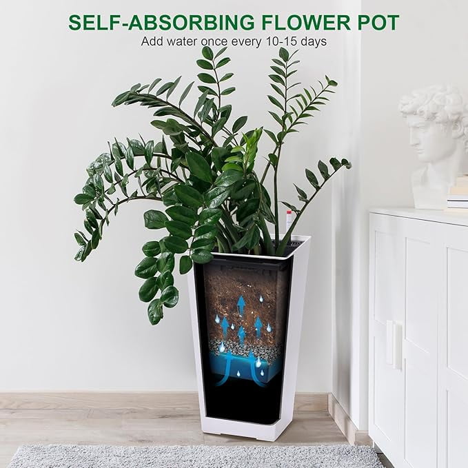 22" Tall Planter Set of 2,Heavy Duty Tall Planter,High Front Porch Planter Pots with Drainage Holes＆Water Level Monitor＆Inner Bucket, Automatic Watering,Indoor/Outdoor,Black