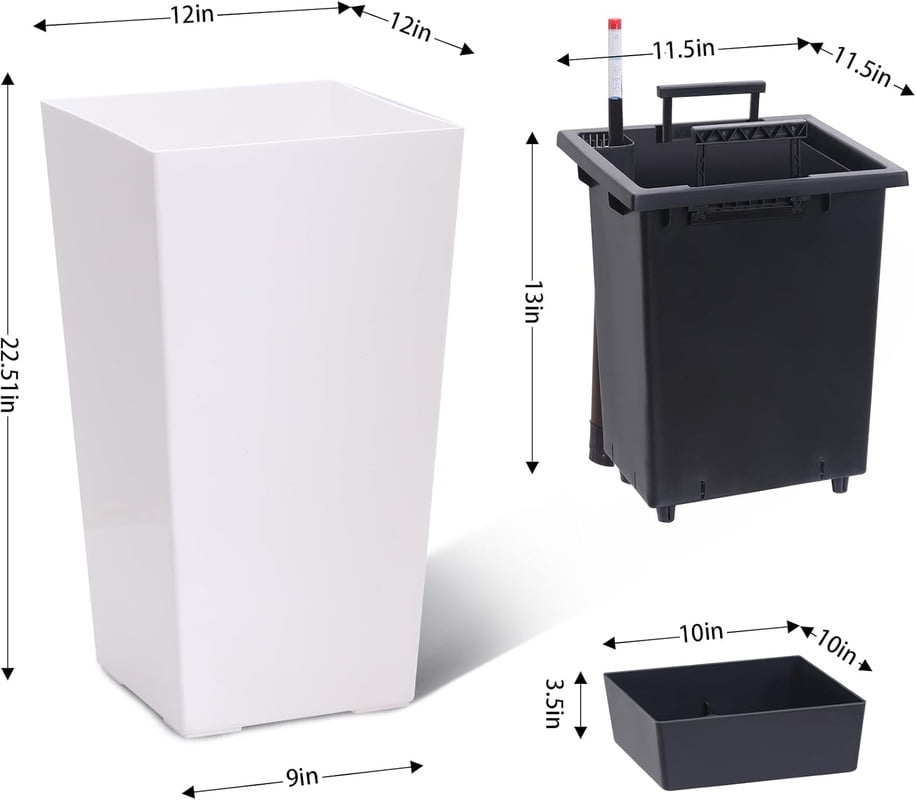 22" Tall Planter Set of 2,Heavy Duty Tall Planter,High Front Porch Planter Pots with Drainage Holes＆Water Level Monitor＆Inner Bucket, Automatic Watering,Indoor/Outdoor,Black
