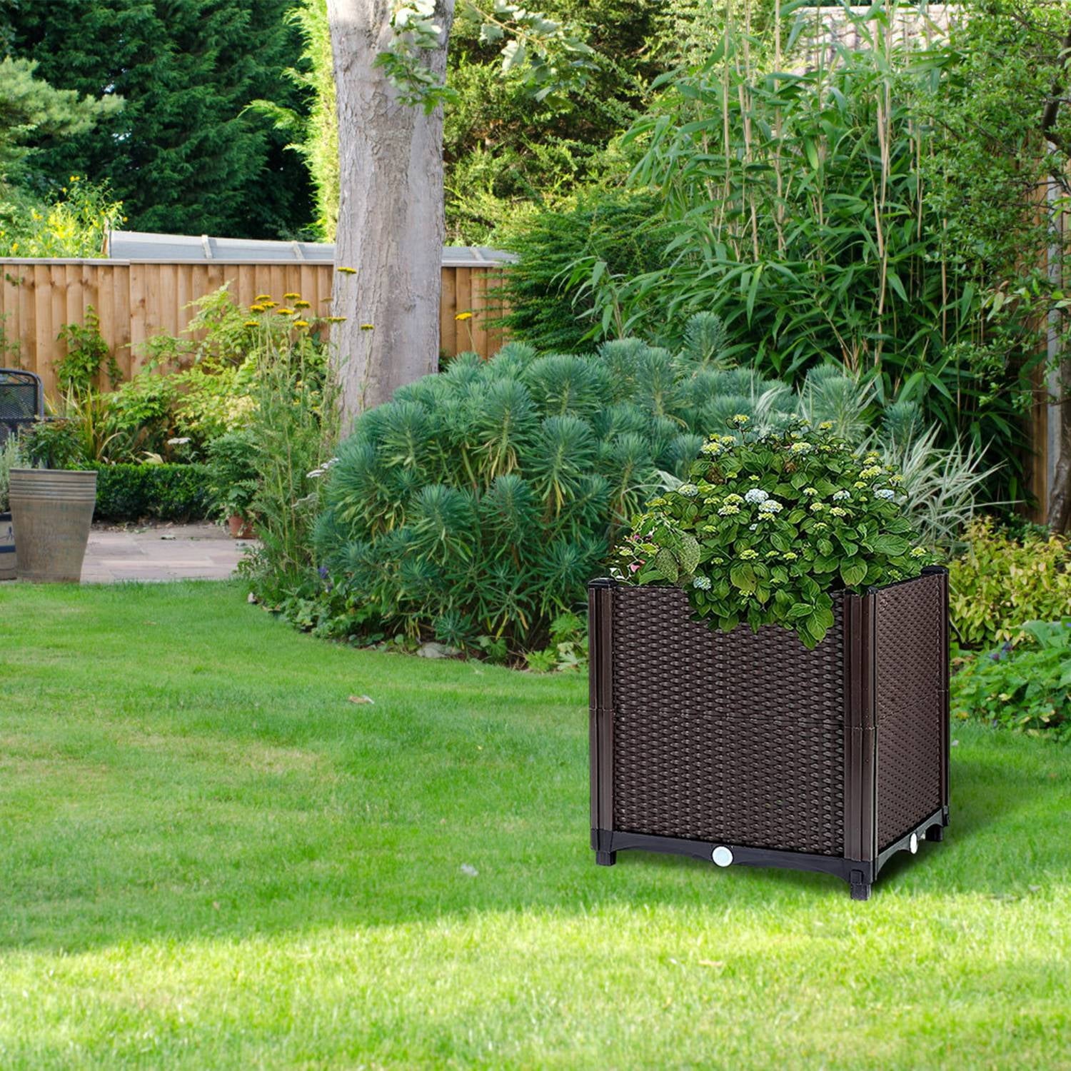 Raised Garden Bed Planter for Outdoor Plants, Self-Watering Elevated Garden Box with Automatic Drainage, 11.8"x11.8"x13.8" Large Plastic Planters for Vegetables, Tomatoes, Herbs, Flowers - Patio