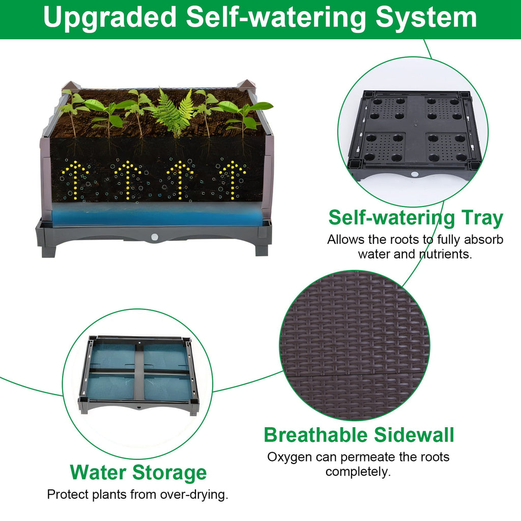 Raised Garden Bed Planter for Outdoor Plants, Self-Watering Elevated Garden Box with Automatic Drainage, 11.8"x11.8"x13.8" Large Plastic Planters for Vegetables, Tomatoes, Herbs, Flowers - Patio