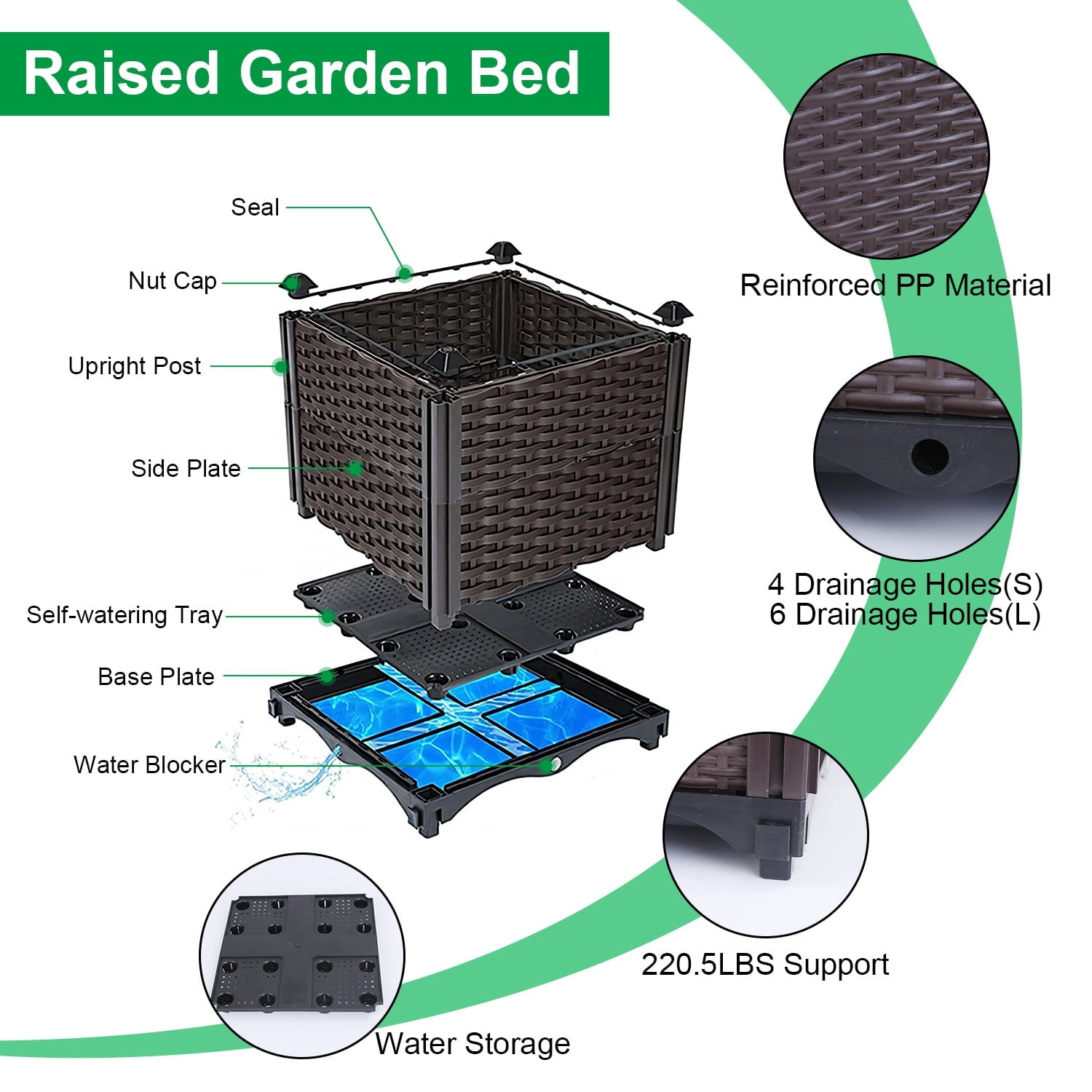 Raised Garden Bed Planter for Outdoor Plants, Self-Watering Elevated Garden Box with Automatic Drainage, 11.8"x11.8"x13.8" Large Plastic Planters for Vegetables, Tomatoes, Herbs, Flowers - Patio