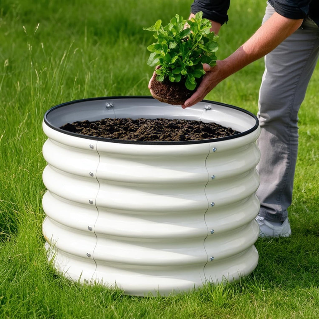 Raised Garden Bed, 2×2×1.5ft Round Galvanized Outdoor Planter Box, 17" Tall Deep Metal Garden Bed Kit for Planting Vegetables, Fruits, Flowers, White