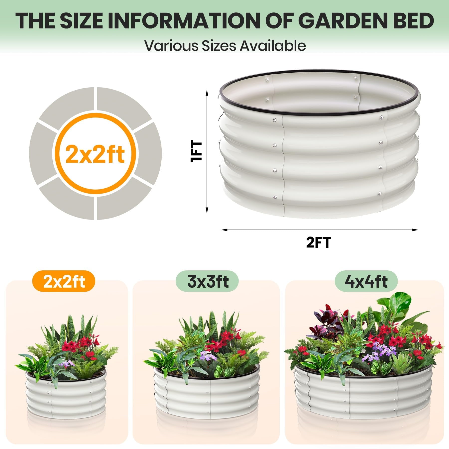Raised Garden Beds Outdoor, 2 Pack 2x2x1 FT Galvanized Raised Garden Bed for Gardening, Round Metal Planter Box for Planting Plants Vegetables, White