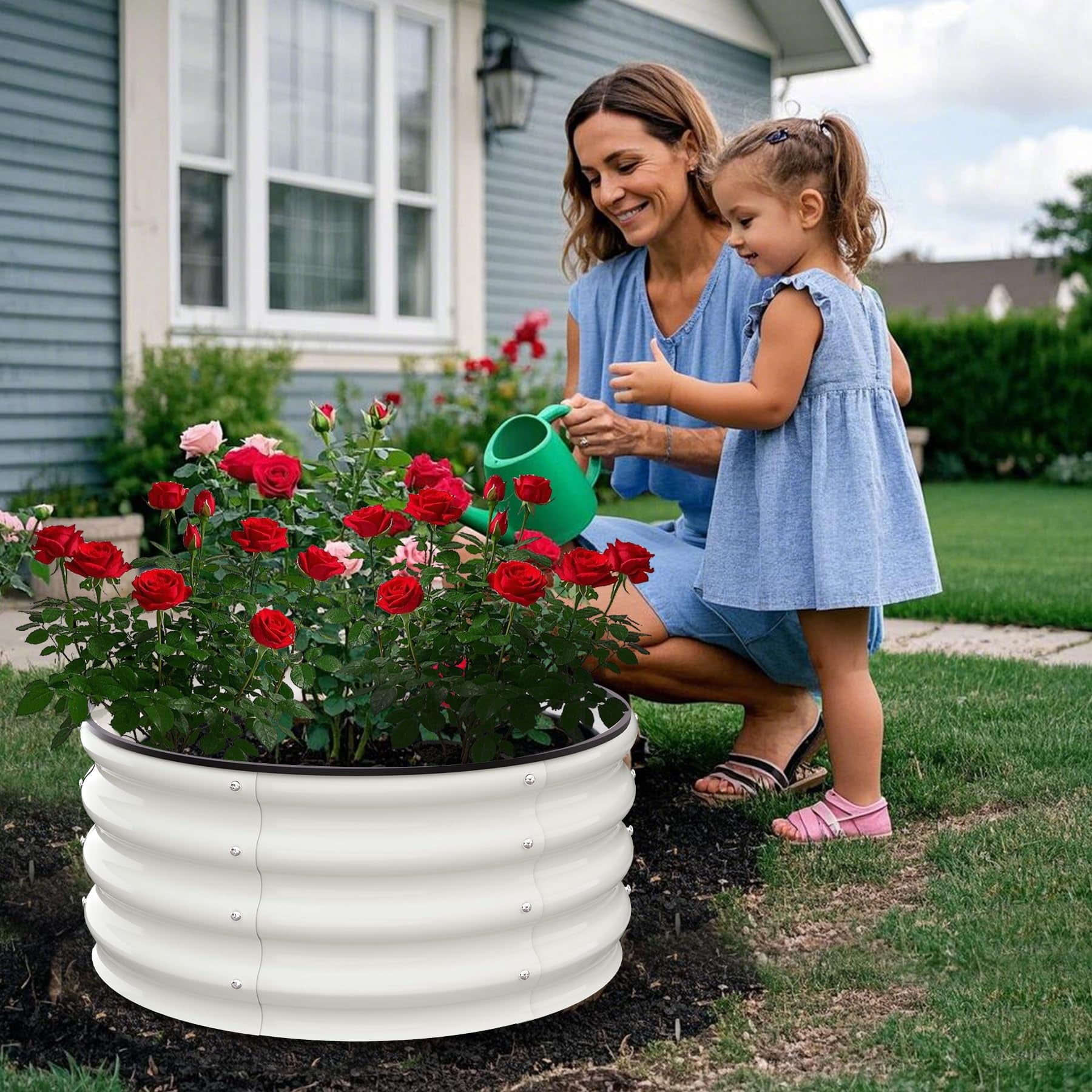 Raised Garden Beds Outdoor, 2 Pack 2x2x1 FT Galvanized Raised Garden Bed for Gardening, Round Metal Planter Box for Planting Plants Vegetables, White