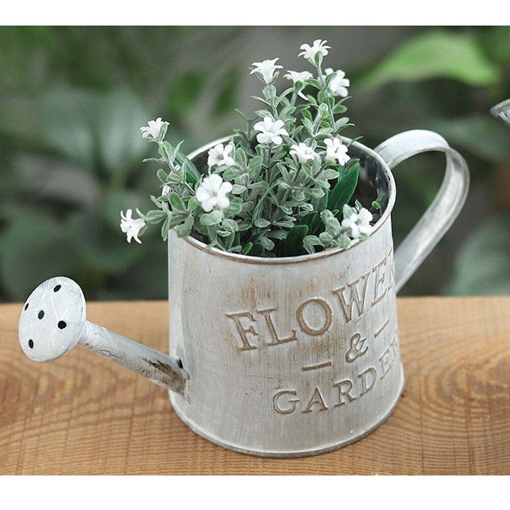 2 Pieces Flower Vase Metal Pot Plant Watering Can Garden Grey