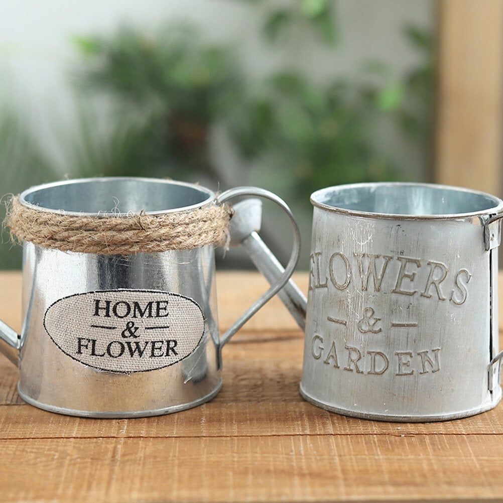 2 Pieces Flower Vase Metal Pot Plant Watering Can Garden Grey