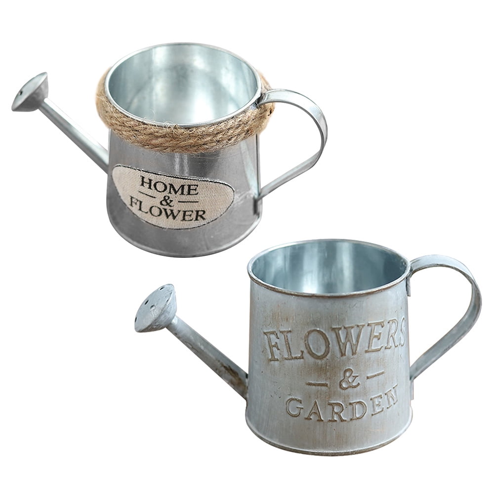 2 Pieces Flower Vase Metal Pot Plant Watering Can Garden Grey