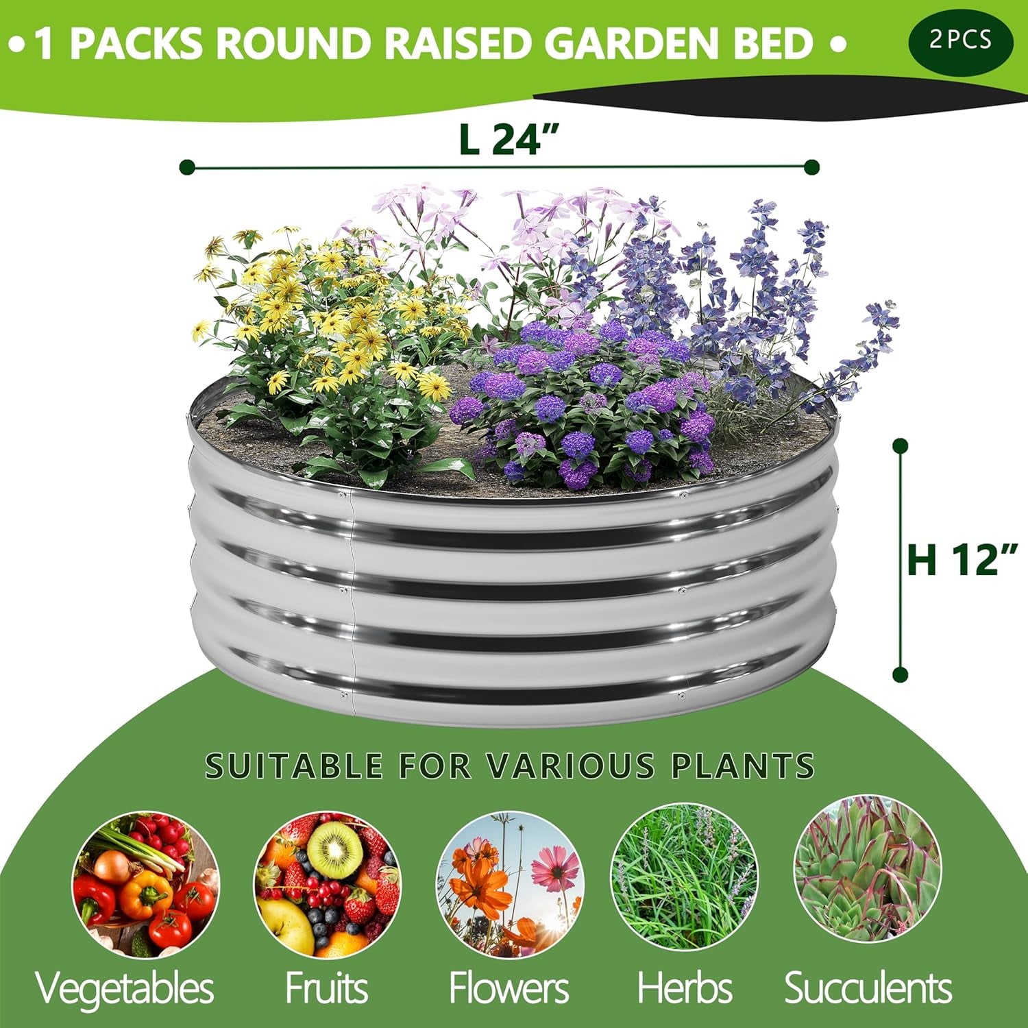 2PCS 2x2x1FT Galvanized Raised Garden Bed Kit,Vegetable Boxes-Round Metal Flower Box,Large Planter Raised Beds Outdoor Garden for Planting,Fruit,Herb-Silver
