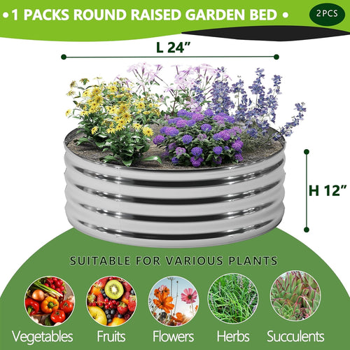 2PCS 2x2x1FT Galvanized Raised Garden Bed Kit,Vegetable Boxes-Round Metal Flower Box,Large Planter Raised Beds Outdoor Garden for Planting,Fruit,Herb-Silver