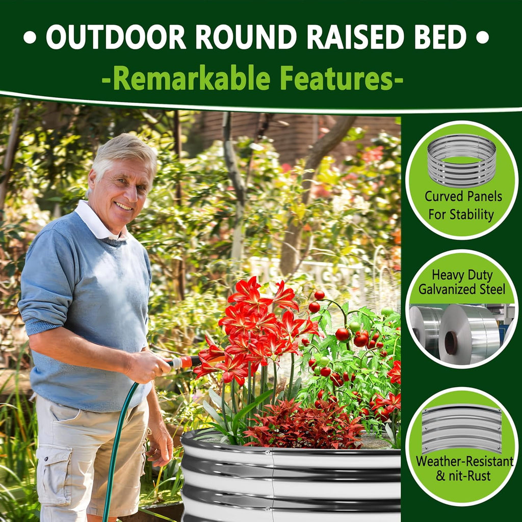 2PCS 2x2x1FT Galvanized Raised Garden Bed Kit,Vegetable Boxes-Round Metal Flower Box,Large Planter Raised Beds Outdoor Garden for Planting,Fruit,Herb-Silver