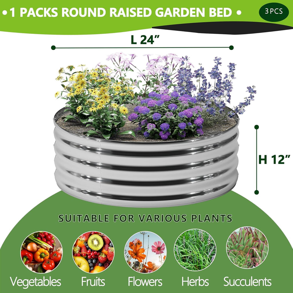 2PCS 2x2x1FT Galvanized Raised Garden Bed Kit,Vegetable Boxes-Round Metal Flower Box,Large Planter Raised Beds Outdoor Garden for Planting,Fruit,Herb-Silver