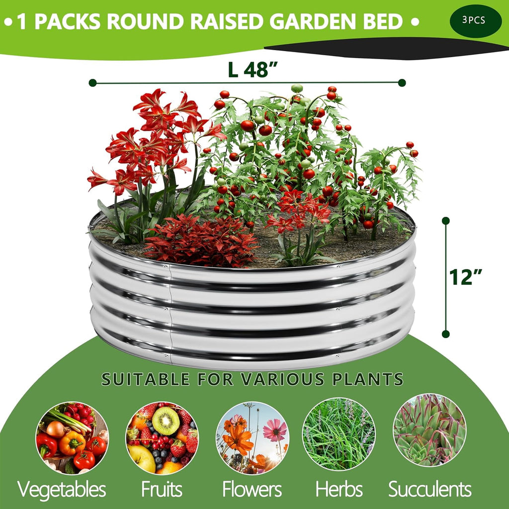 2PCS 2x2x1FT Galvanized Raised Garden Bed Kit,Vegetable Boxes-Round Metal Flower Box,Large Planter Raised Beds Outdoor Garden for Planting,Fruit,Herb-Silver
