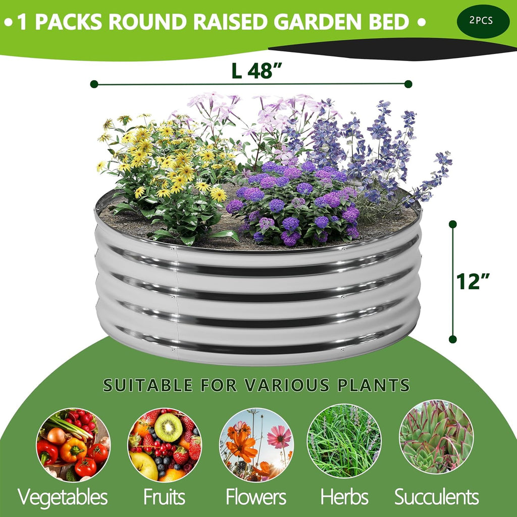 2PCS 2x2x1FT Galvanized Raised Garden Bed Kit,Vegetable Boxes-Round Metal Flower Box,Large Planter Raised Beds Outdoor Garden for Planting,Fruit,Herb-Silver