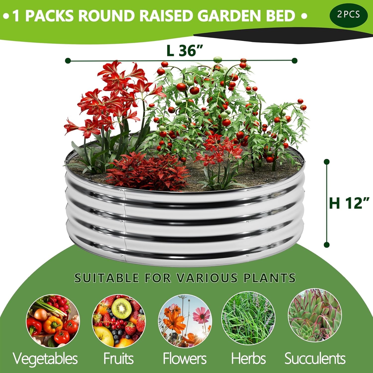 2PCS 2x2x1FT Galvanized Raised Garden Bed Kit,Vegetable Boxes-Round Metal Flower Box,Large Planter Raised Beds Outdoor Garden for Planting,Fruit,Herb-Silver