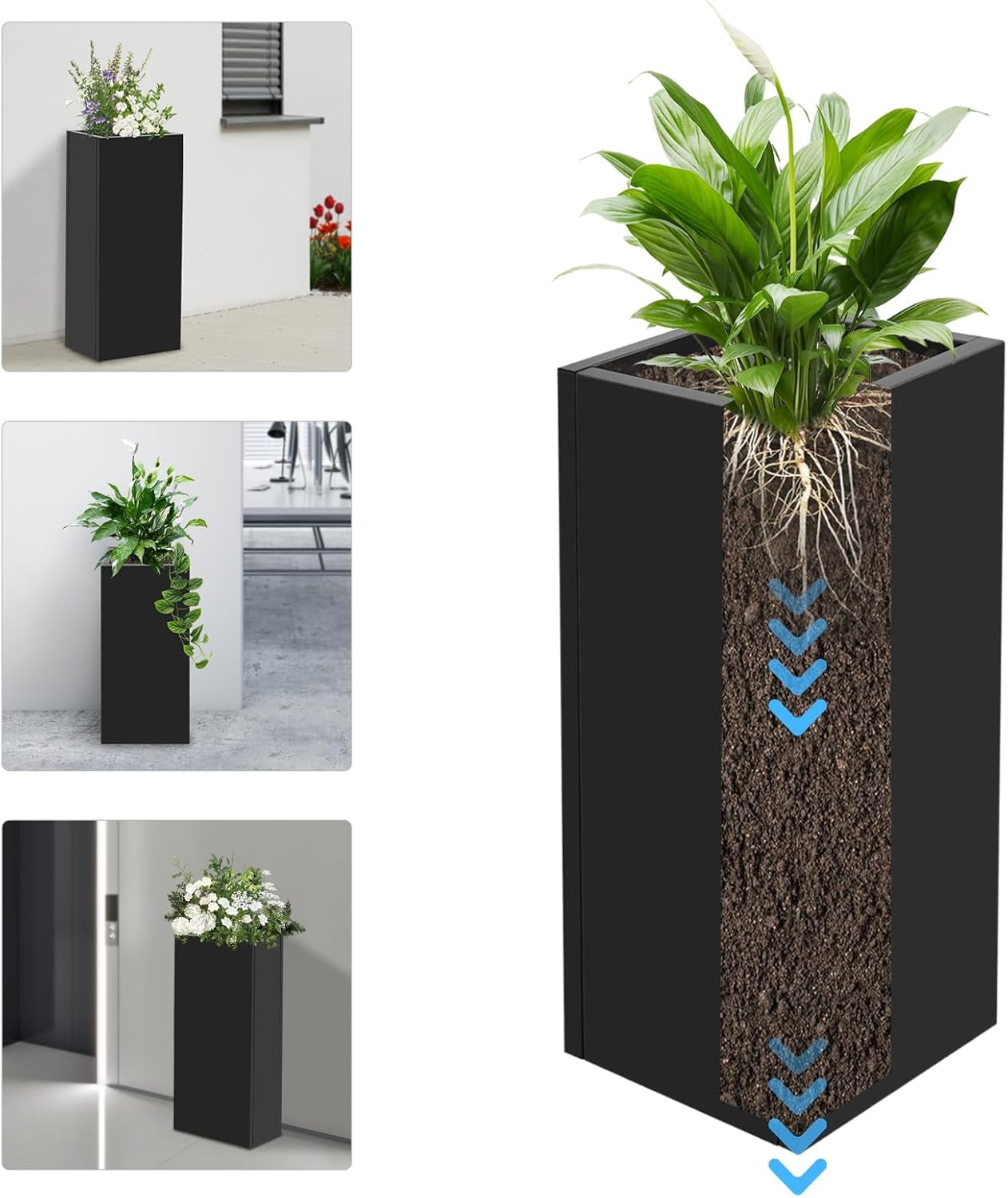 Large Black Square Planter, Cube Metal Planters Pot with Drainage Seams for Indoor and Outdoor, Heavy Duty Steel Flower Pots for Patio, Deck, Yard, Garden