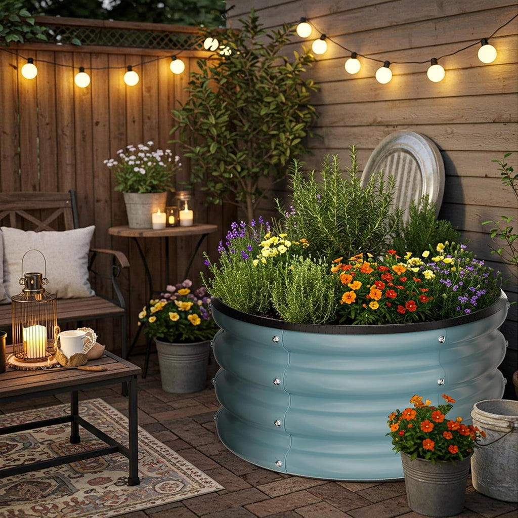 Round Galvanized Raised Garden Bed kit, Blue Outdoor Garden Raised Planter Box, Round Large Metal Raised Garden Beds for Vegetable 2 * 2 * 1ft 1 Pack