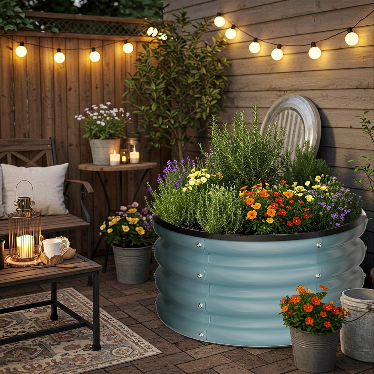 Round Galvanized Raised Garden Bed kit, Blue Outdoor Garden Raised Planter Box, Round Large Metal Raised Garden Beds for Vegetable 2 * 2 * 1ft 1 Pack