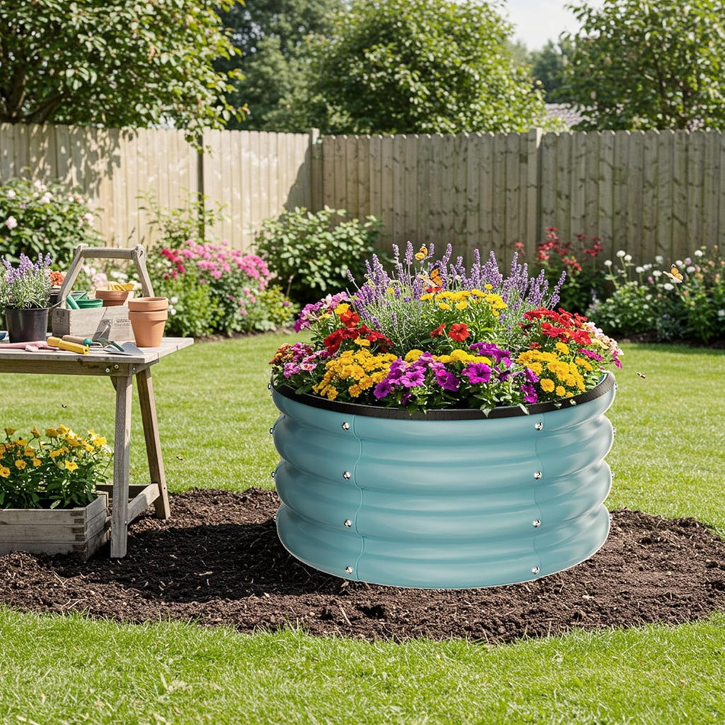 Round Galvanized Raised Garden Bed kit, Blue Outdoor Garden Raised Planter Box, Round Large Metal Raised Garden Beds for Vegetable 2 * 2 * 1ft 1 Pack