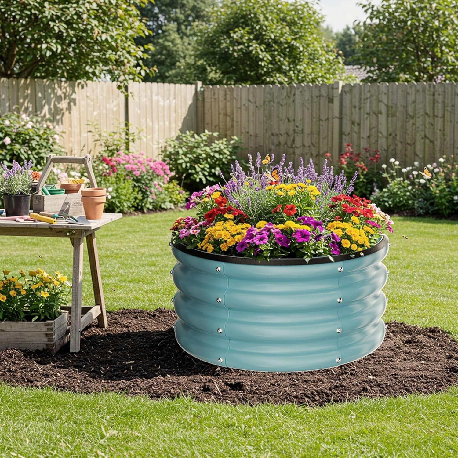 Round Galvanized Raised Garden Bed kit, Blue Outdoor Garden Raised Planter Box, Round Large Metal Raised Garden Beds for Vegetable 2 * 2 * 1ft 1 Pack