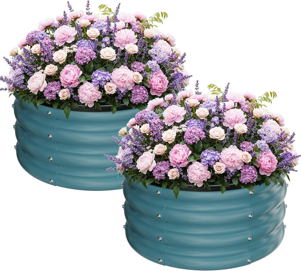 Round Galvanized Raised Garden Bed kit, Blue Outdoor Garden Raised Planter Box, Round Large Metal Raised Garden Beds for Vegetable 2 * 2 * 1ft 1 Pack