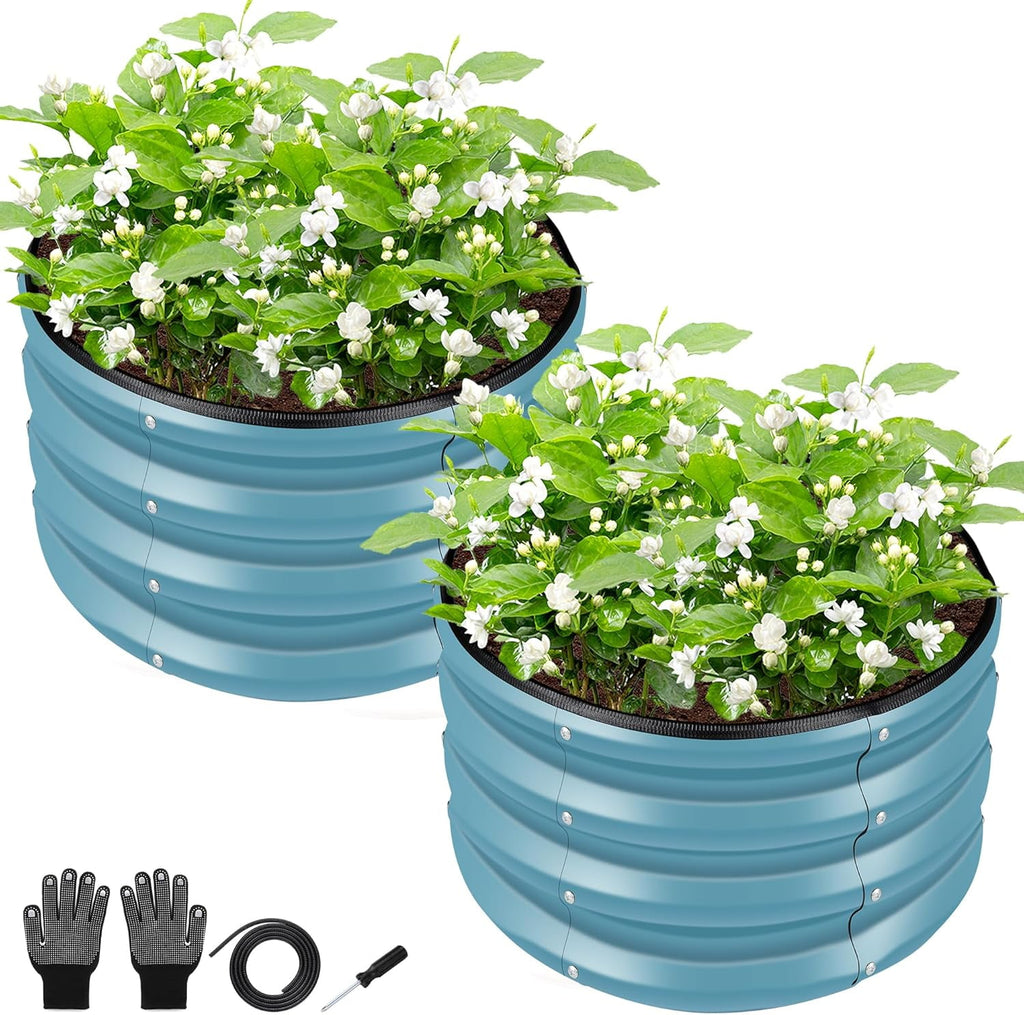 Round Galvanized Raised Garden Bed kit, Blue Outdoor Garden Raised Planter Box, Round Large Metal Raised Garden Beds for Vegetable 2 * 2 * 1ft 1 Pack